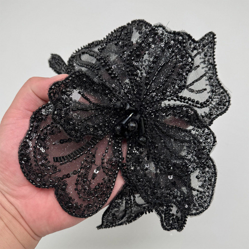 GCW-DH002 Black Sequin Beaded Star Flower Applique for Bridal Dress